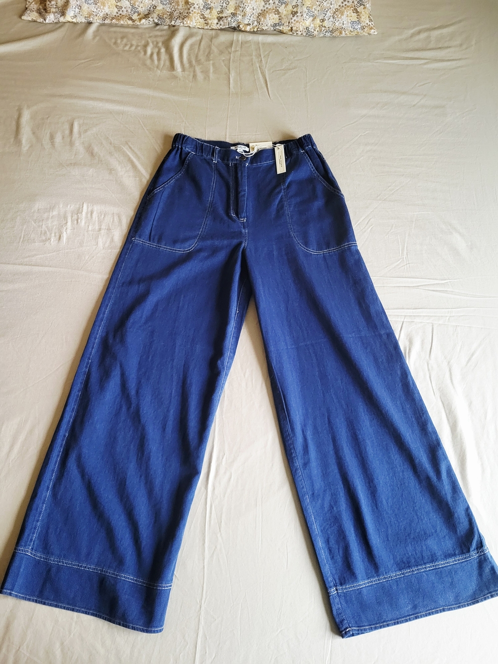 Max Studio Wide Leg Pant Trousers Size M NWT Indigo Blue High Rise 100% Cotton